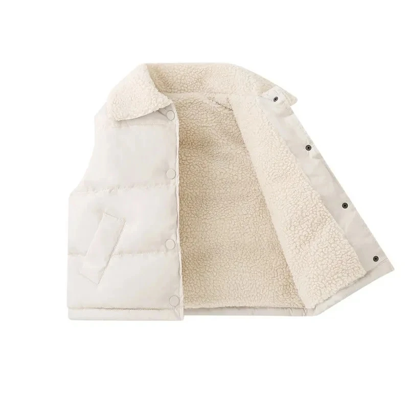 Autumn Winter Children Fashion Solid Color Lapel Vest Baby Velvet Thicken Warm Down Cotton Vest Boys Girls Going Out Casual Vest
