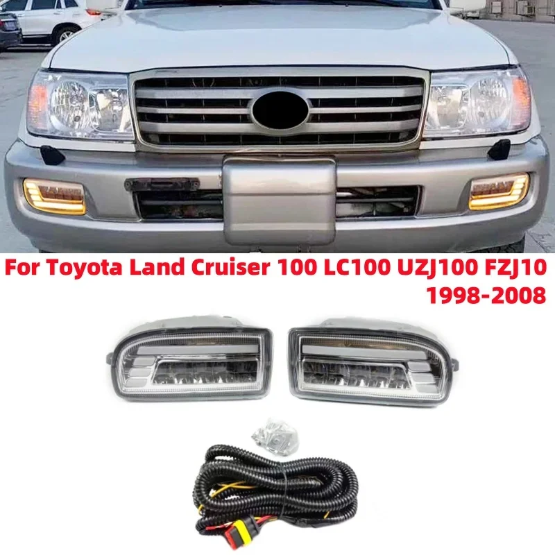 1Pair Car LED Daytime Running Light Fog Light Set With Wiring Harness for Toyota Land Cruiser 100 LC100 UZJ100 FZJ10 1998-2008