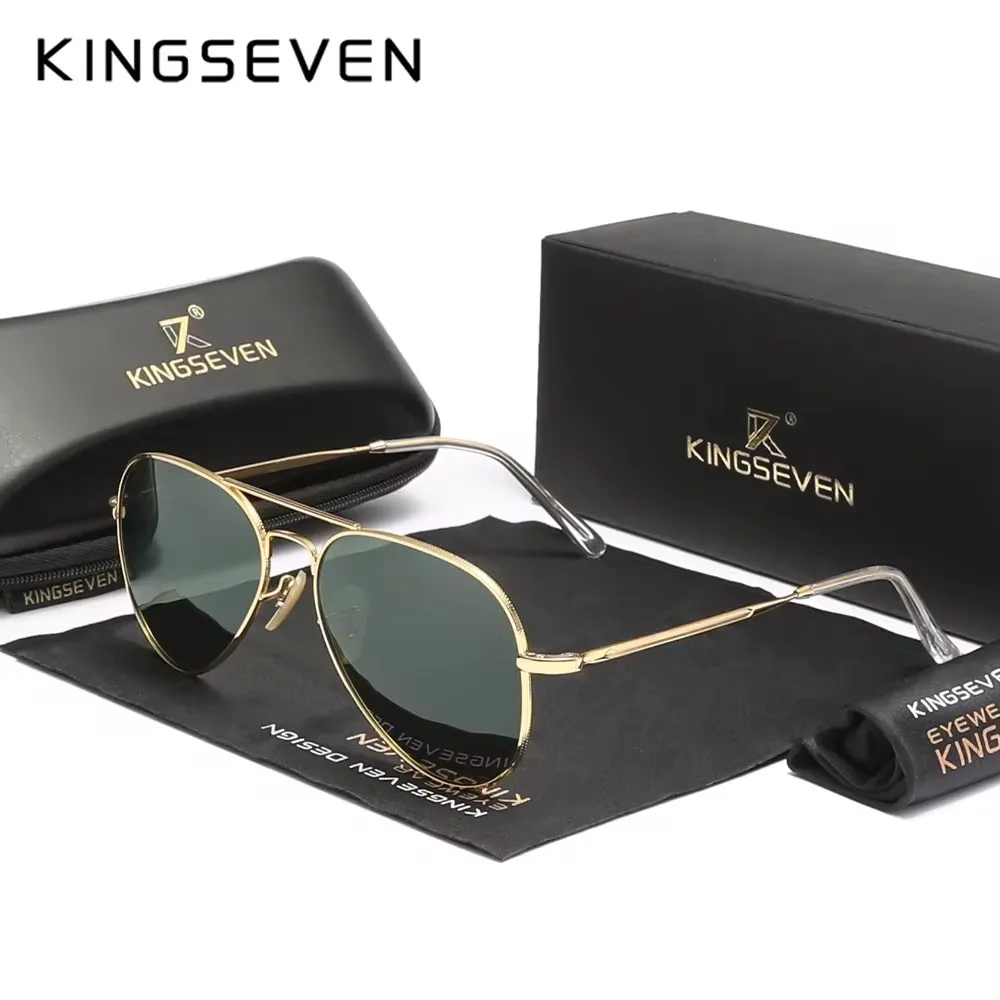 KINGSEVEN-Óculos de sol de liga piloto para homens e mulheres, UV400, antireflexo, armação completa, óculos de papagaio, retrô, óculos de luxo