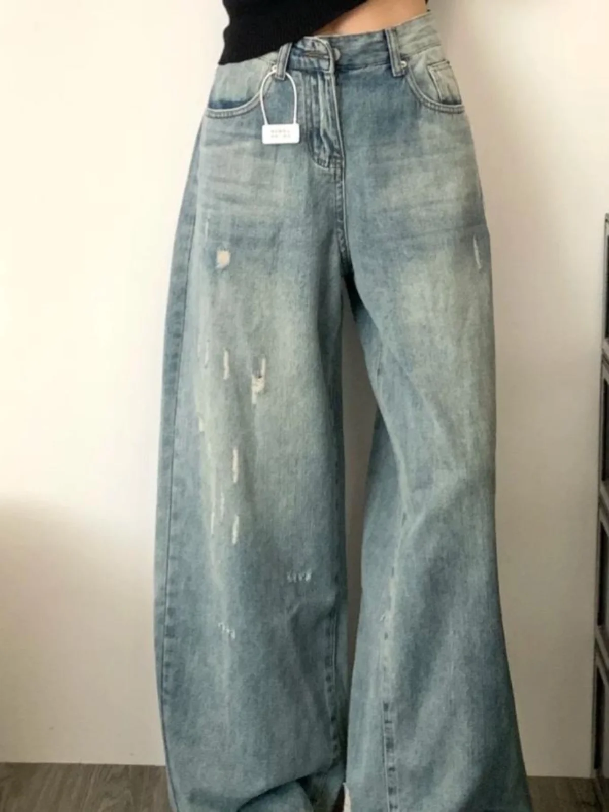 

Женские джинсы с высокой талией и широкими штанинами, повседневные, из денима, с эффектом потертости, длиной в пол, удобные, свободного кроя