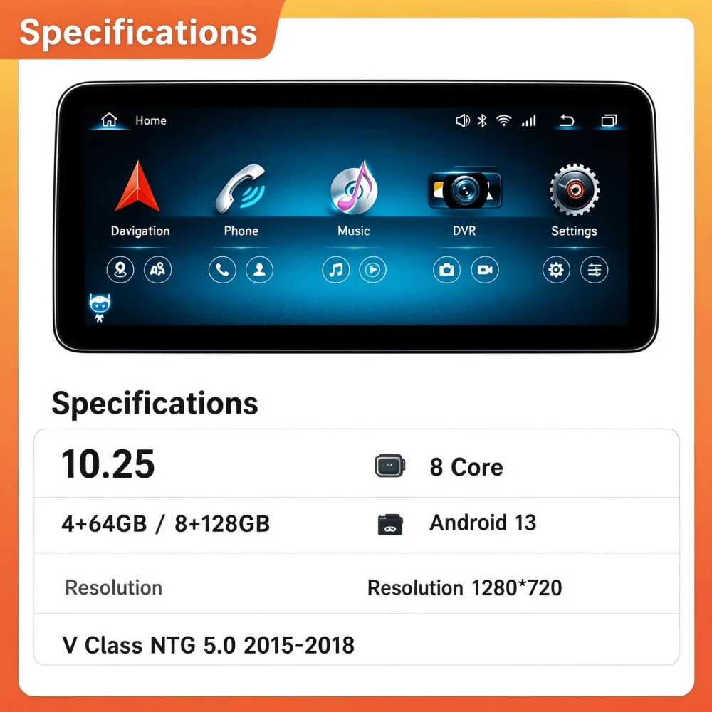 NTG5.0 2015-2018 10.25 Inch Car Screen For Mercedes Benz V Class Carplay Android Auto 8 Core 4+64G 8+128G Optional 12.3''