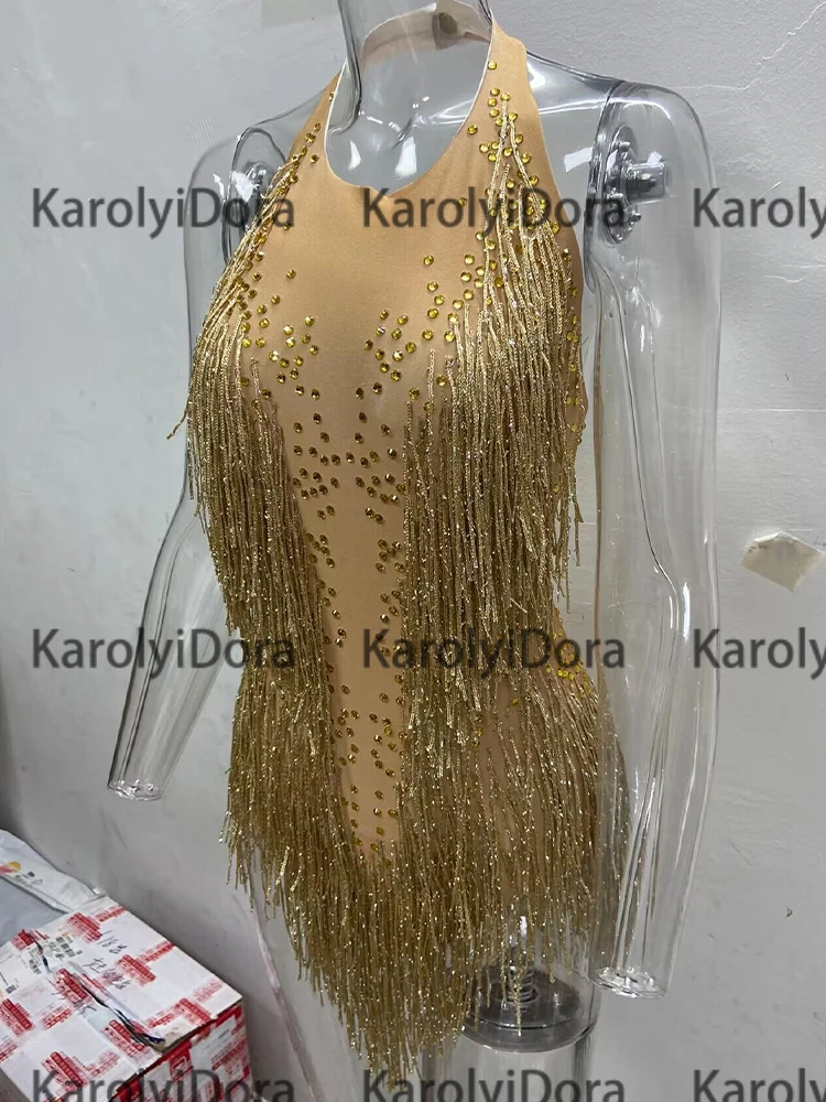 Sparkly Gold Tassel Rhinestones Glisten Beads Bodysuit Bar Dj Singer Dancer One-Piece Outfit Costume Stage Performance Leotard