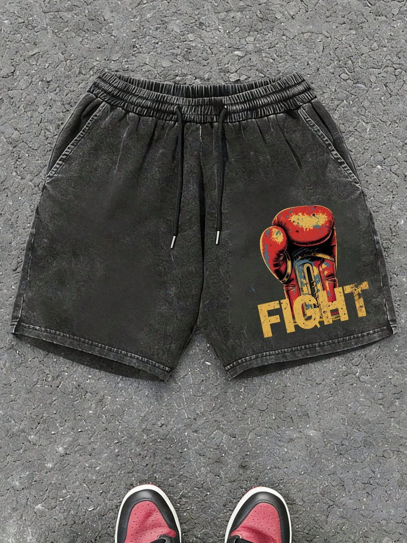 

Mens Black Vintage Washed Cotton Shorts With Fight Boxing Glove Print Elastic Waist Drawstring Casual Streetwear