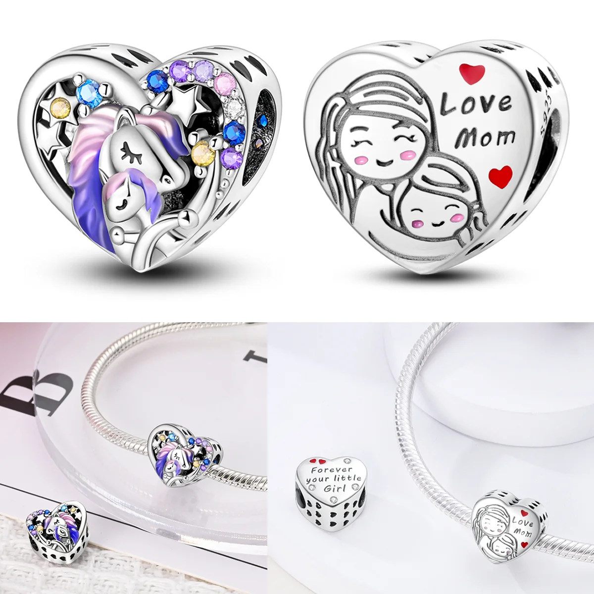 925 Sterling Silver Unicorn Charms Bead Zircon Mother and Daughter Dangle Fit Original Bracelet Women Jewelry Gift