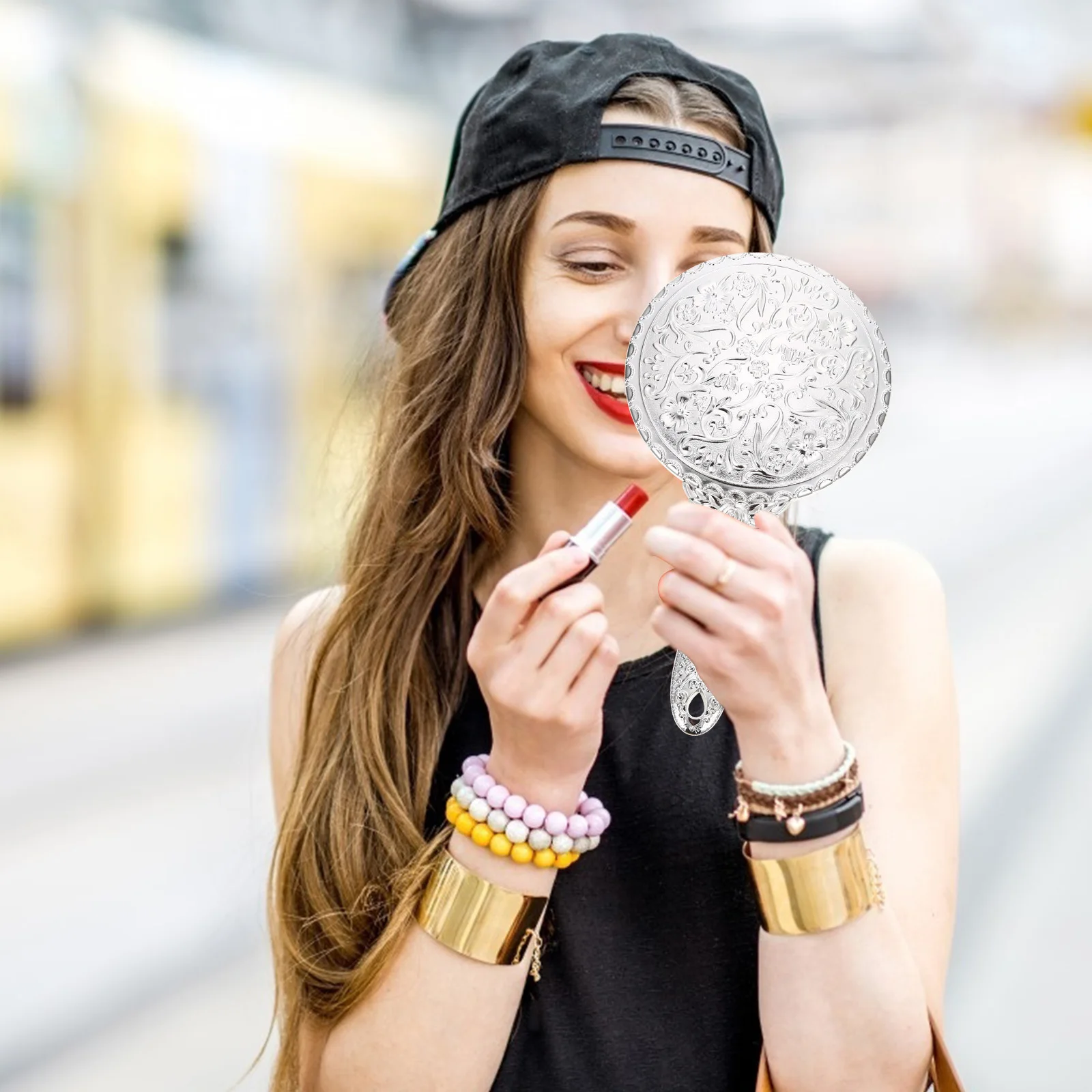 Compact Handheld Mirror with Rose Decor Premium Build Lightweight Travel-Friendly Makeup Mirror for Women Daily Beauty