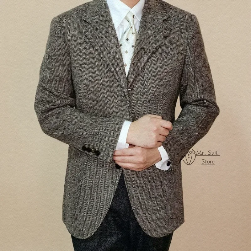 سترة بدلة رجالية باللون الأسود والرمادي مع نمط متعرج واحد الصدر بريطاني للأناقة الخارجية سترة تويد للرجال معاطف
