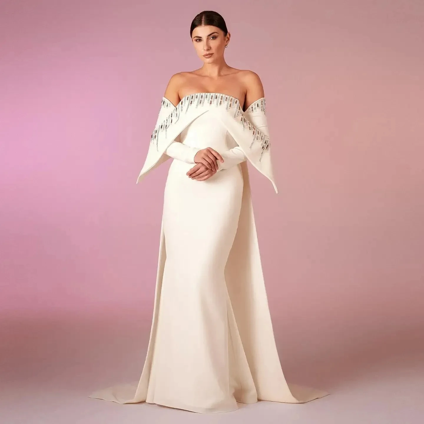 Elegant Beige White Evening Dresses with Cape Long Sleeves Off Shoulder For Arabic Women Wedding Birthday Party Formal Prom Gown