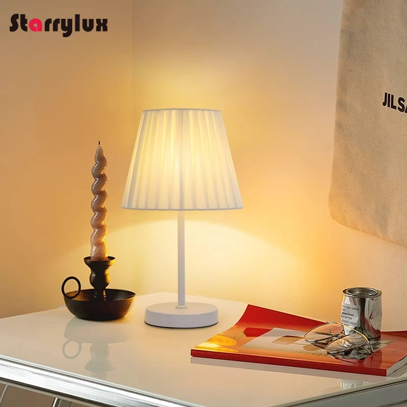 

Nordic Retro Fabric Table Lamp, Bedside LED Pleated Night Light, Scandinavian Decor Nightstand Lamp