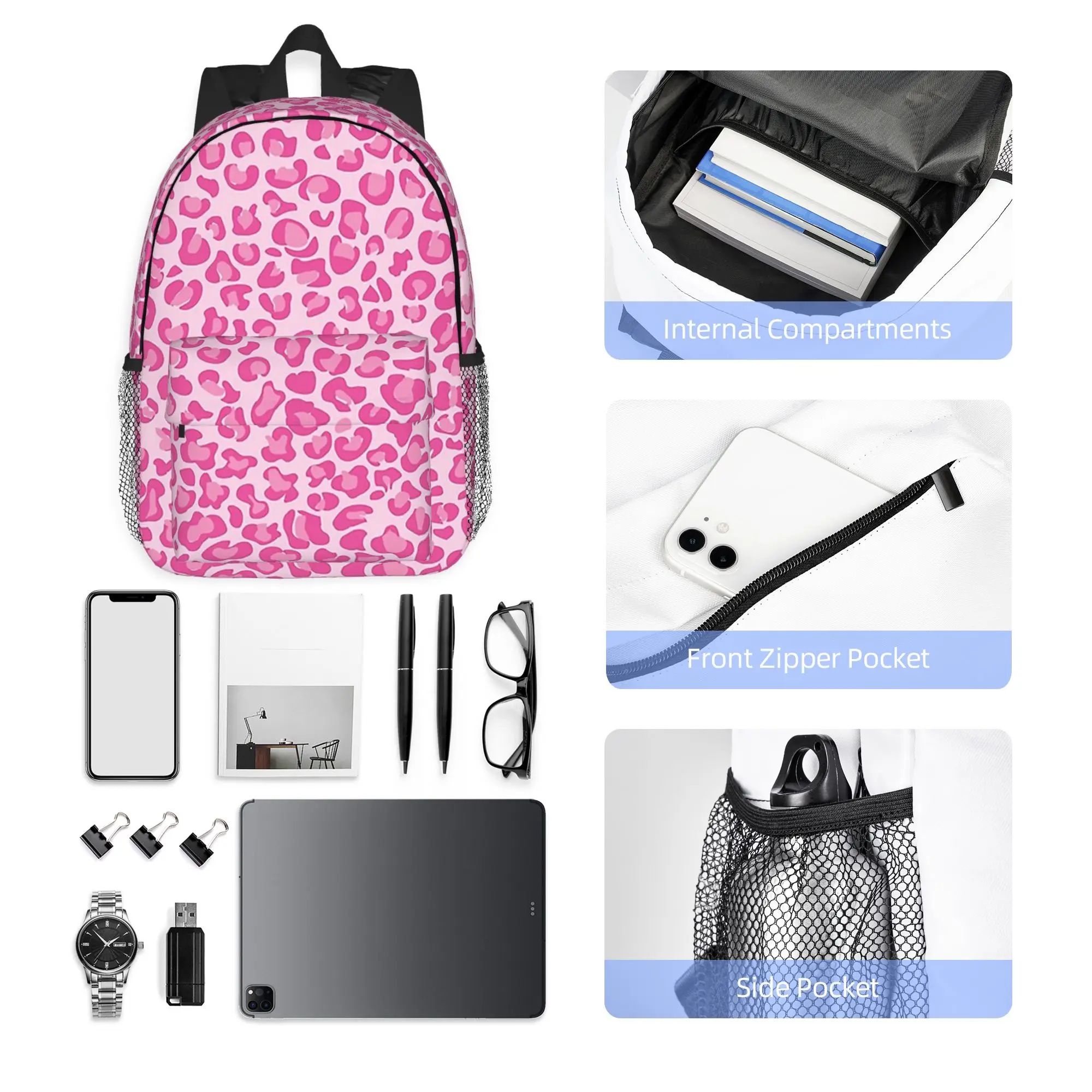 Pink Leopard Print Backpack Hot Sale Daypack Large Capacity Boys Girls BookBag Shoulder Bags for Men Women School Bag