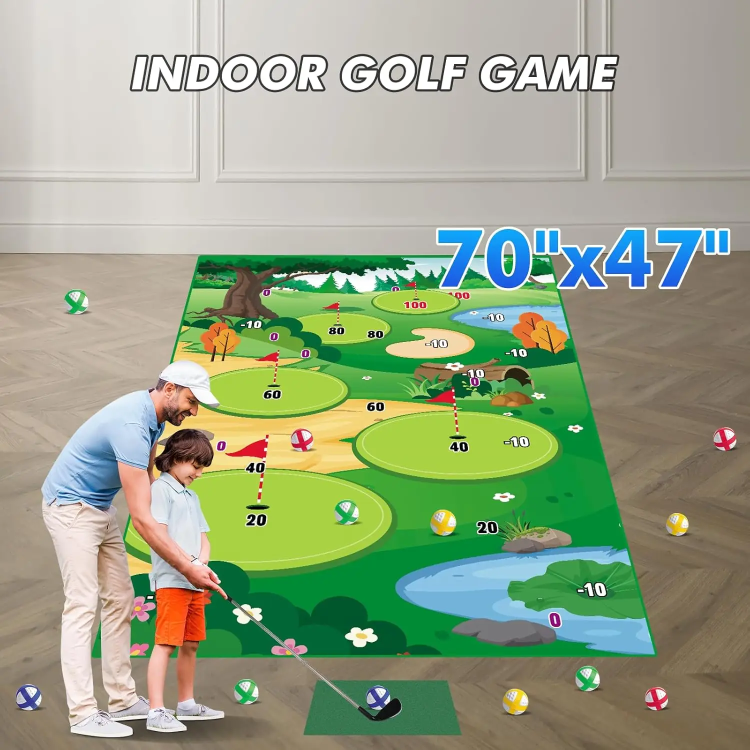 VATOS Golf Chipping Game Mat with Club Practice Training Indoor Outdoor Hitting Mat 20-Balls for Kids Adults Play Stick Chip Set