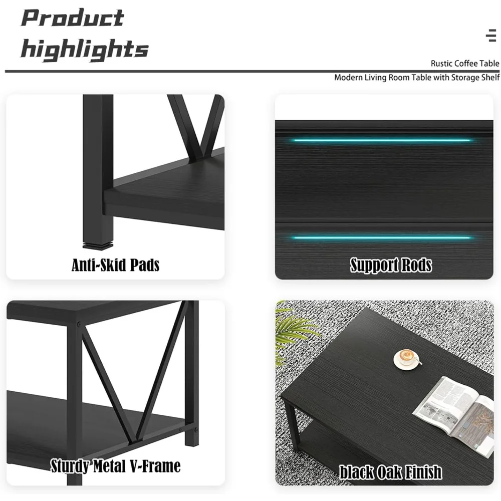 Small Coffee Table, Modern Living Room Tables with Storage Shelf, Rustic Wood Rectangle Center Table, 2 Tier Wooden Low