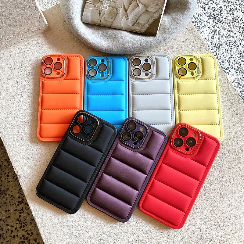 

New INS Color Down Jacket Shape with Transparent Lens Film Phone Case For iPhone 15 14 13 12 11 Pro Max Plus Protective Cover