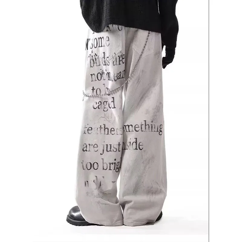 

Женские новые модные мужские и женские джинсы в американском стиле ретро со старым слоганом и буквенным принтом, свободные и универсальные широкие джинсовые брюки