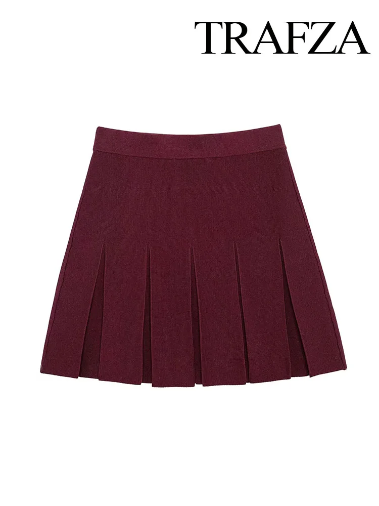 TRAFZA Women Fashion Elastic Waist Casual Short Skirt Elegant Knitted Mini Skirt Woman High Street Pleated A-line Skirt Mujer