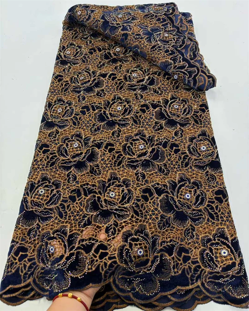 African Lace Fabri  High Quality Goose velvet    Embroidery Rhinestone Linen Prom Dresses Tulle Design 5 Yards