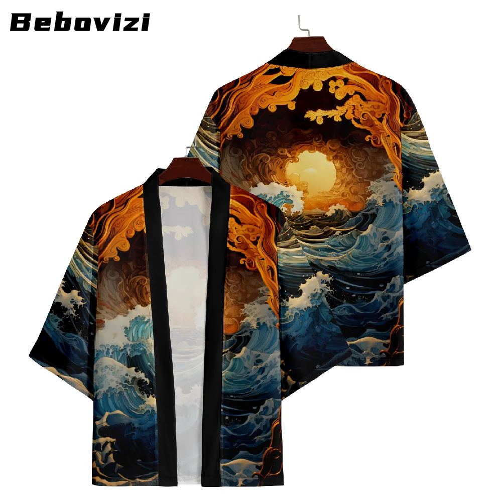 Bebovizi-Kimono japonés con estampado de olas para hombre y mujer, cárdigan informal, ropa japonesa holgada, nuevo diseño