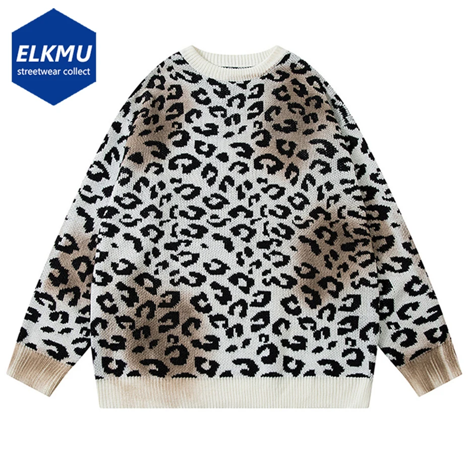 

Leopard Sweaters Men Streetwear Harajuku Hip Hop Oversized Sweaters Vintage Knit Jumper Casual Loose Sweaters Knitwear