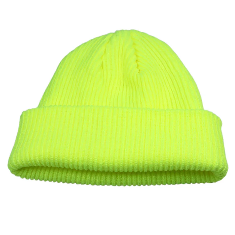 Unisex Bright Plain Neon Green Knit Beanie Short Ribbed Cuff Hat Winter Skullies Cap Ladies Teen