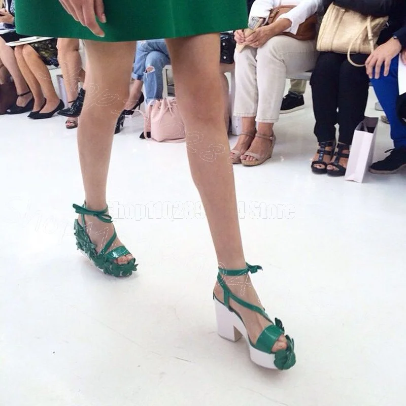 

Green Fretwork Flower Open Toe Platform Sandals Buckle Strap Women Shoes Chunky High Heels Party Dating 2025 Zapatos Para Mujere