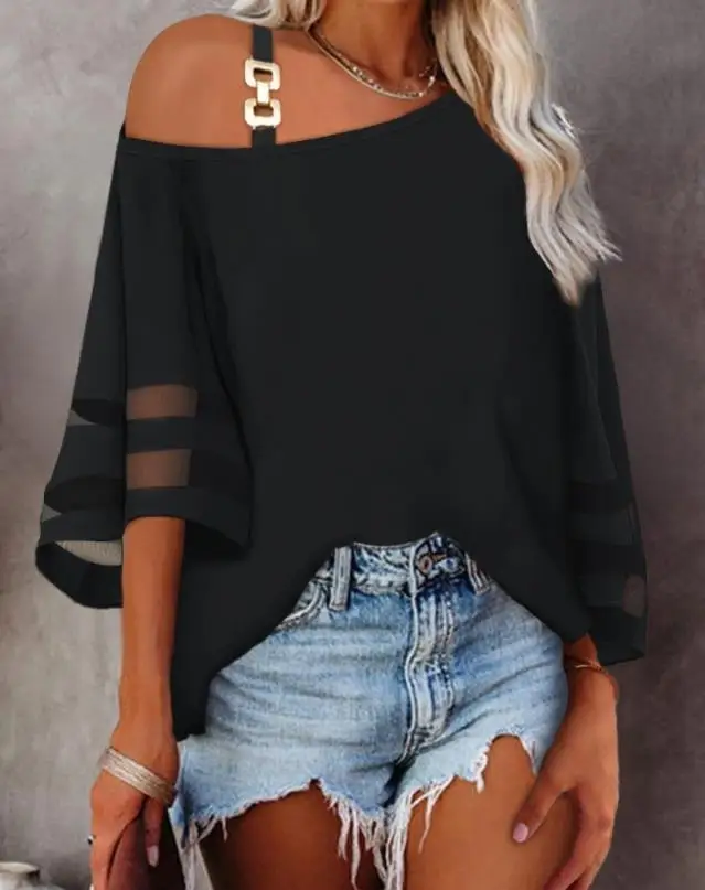 Women's Blouse Metal Contrast Mesh Cold Shoulder Bell Sleeve Chiffon Blouse Summer Half Sleeve Mesh Loose Casual Tops Pullover