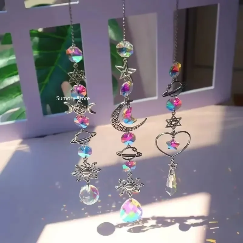 1pc Crystal Wind Chime Pentagram Sun Catcher Diamond Prisms Pendant Dream Catcher Rainbow Chaser Hanging Drop Home Garden Decor