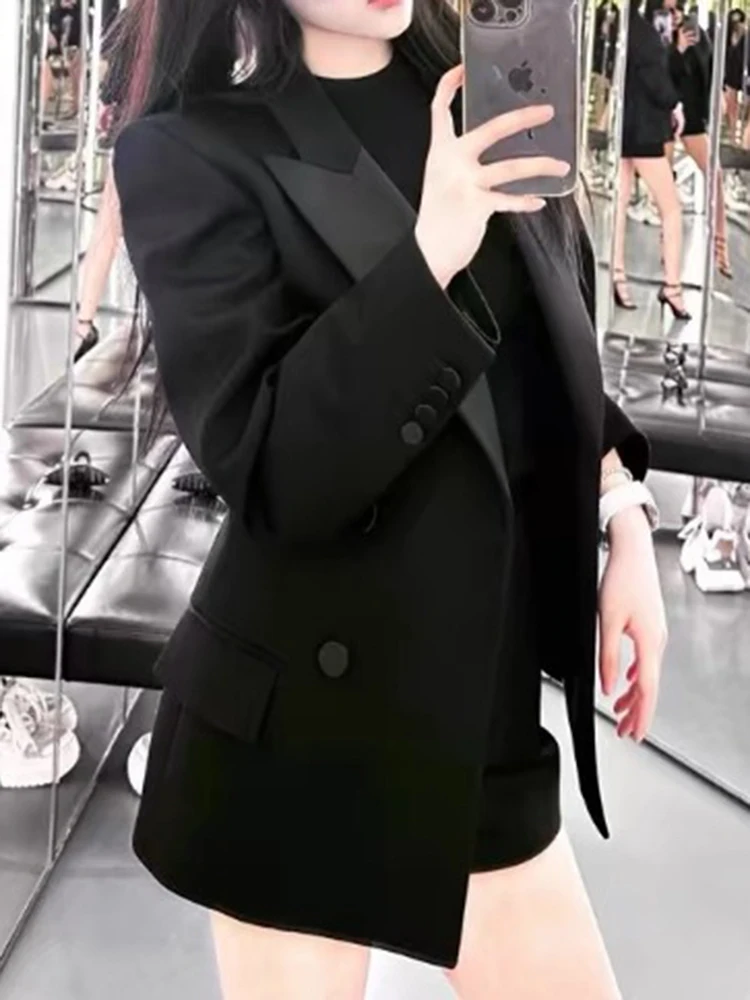 UCXQ Elegant Blazer Coat European Style Double Breasted Office Lady All Match Fashion Black Jacket Women 2024 Spring Autumn 1525