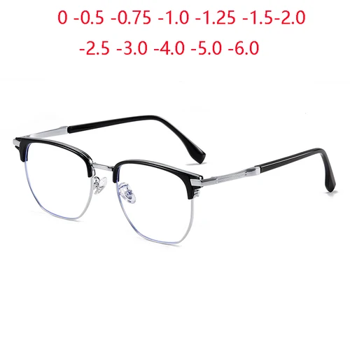 Montura de oro negro Anti rayos azules estudiante menos gafas de visión mujeres hombres gafas graduadas cuadradas montura 0-0,5-0,75 a-6,0