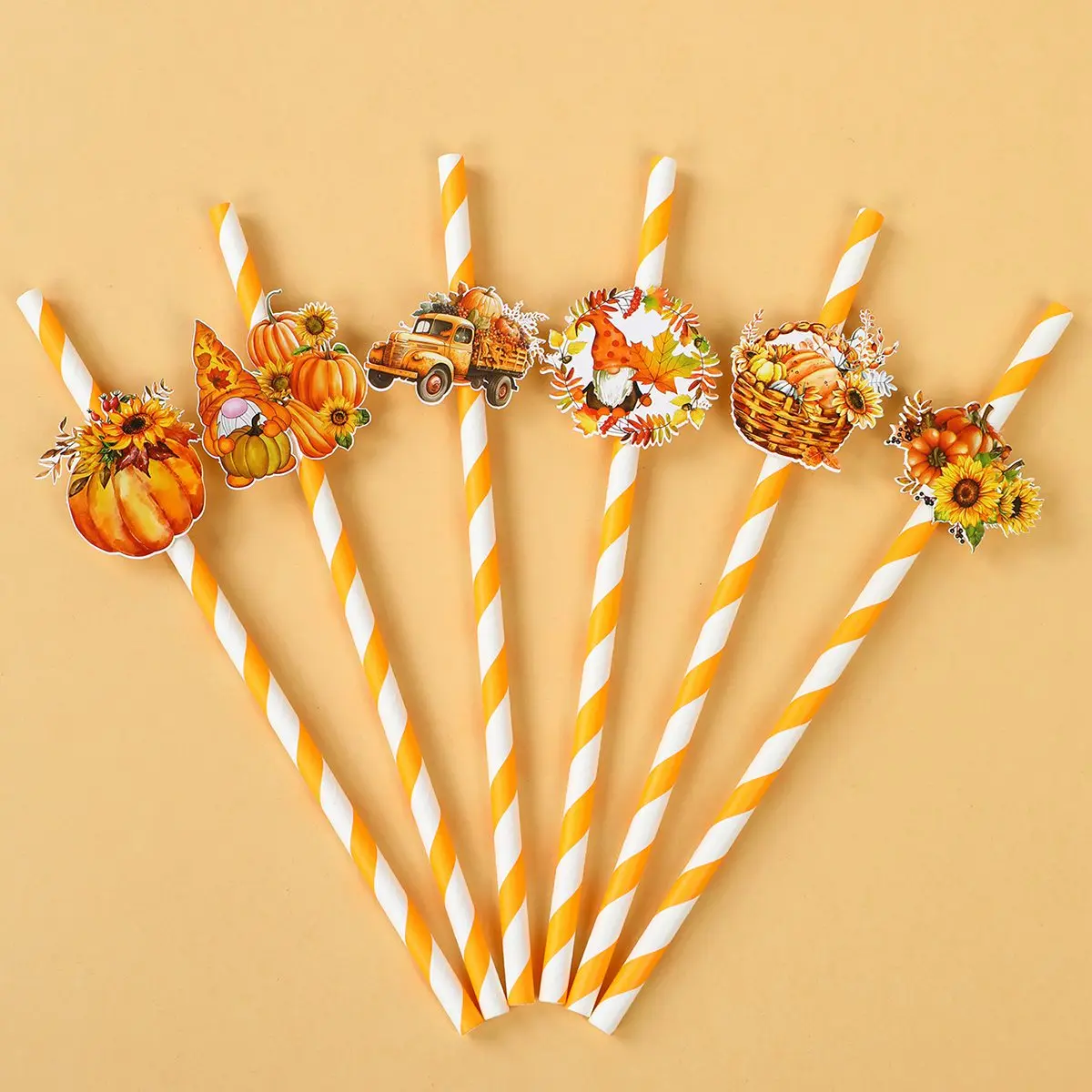 6pcs Thanksgiving Day Orange Paper Straws Supplies Disposable Drinking Striped Paper Straws For Birthday Thanksgiving Day Decor