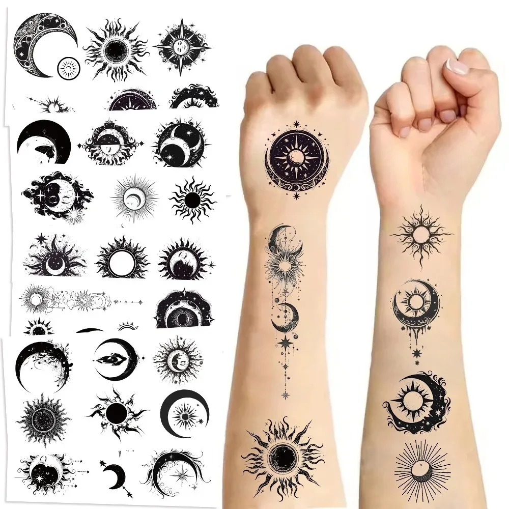 

10pcs Black and White Sun and Moon Temporary Tattoo Waterproof Kids Stickers DIY Face Body Transfer Fun Party Gift