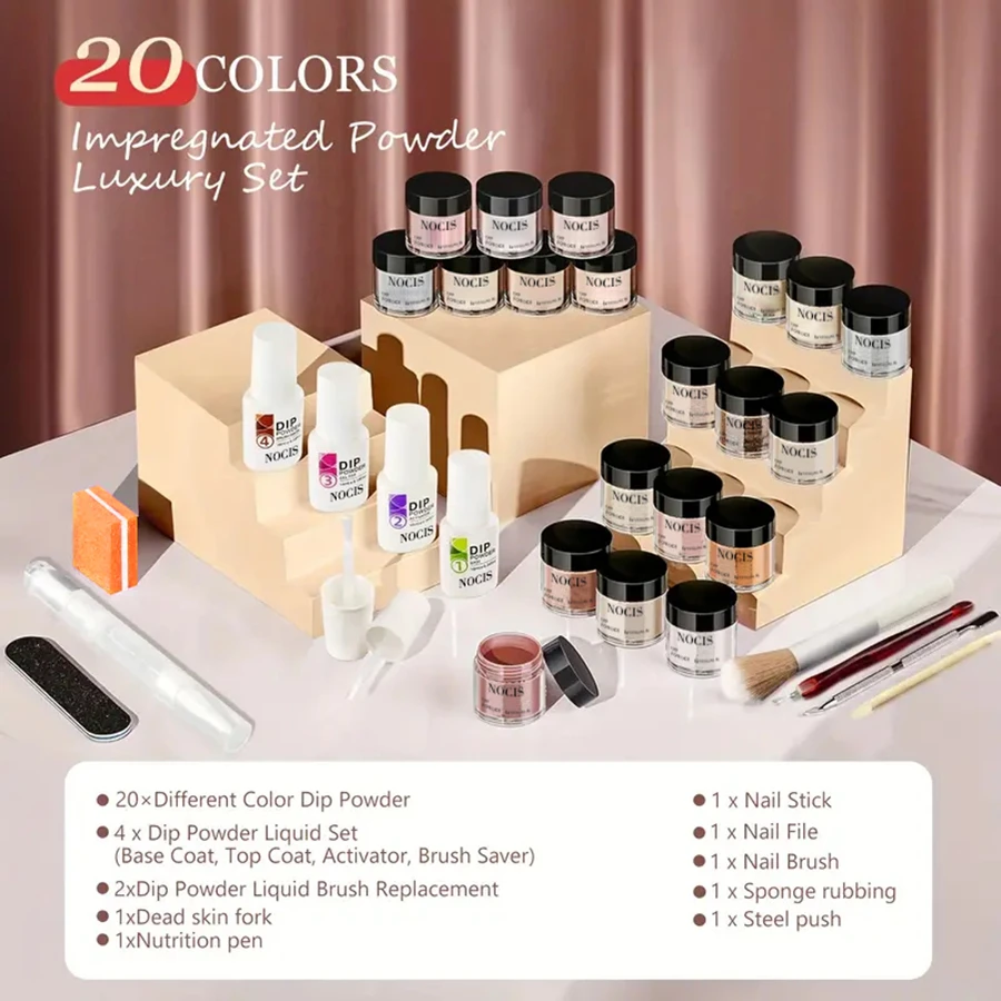 طقم مسحوق غمس 33 قطعة، 20 لونًا من الأكريليك الوردي والرمادي، نظام مسحوق غمس أساسي مع قاعدة ومعطف علوي #2