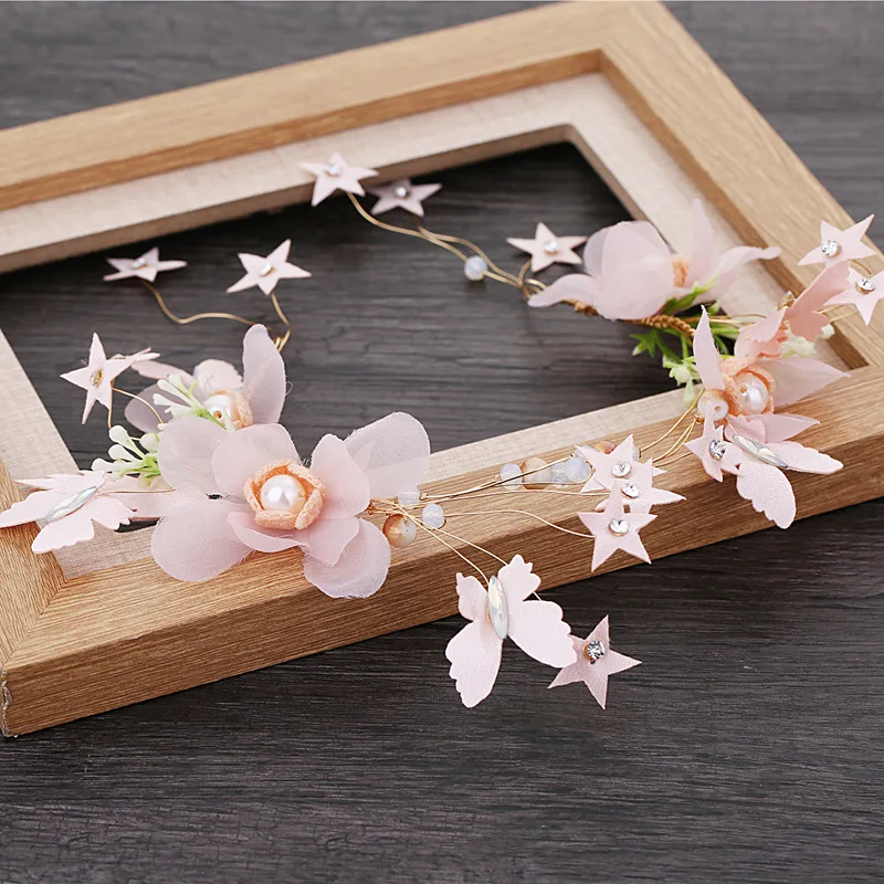 Women Hairband Sliver Pearl Pink Star Flower Bridal Hair Dress For Wedding jewelry Headwear Bridal Hair Accessories