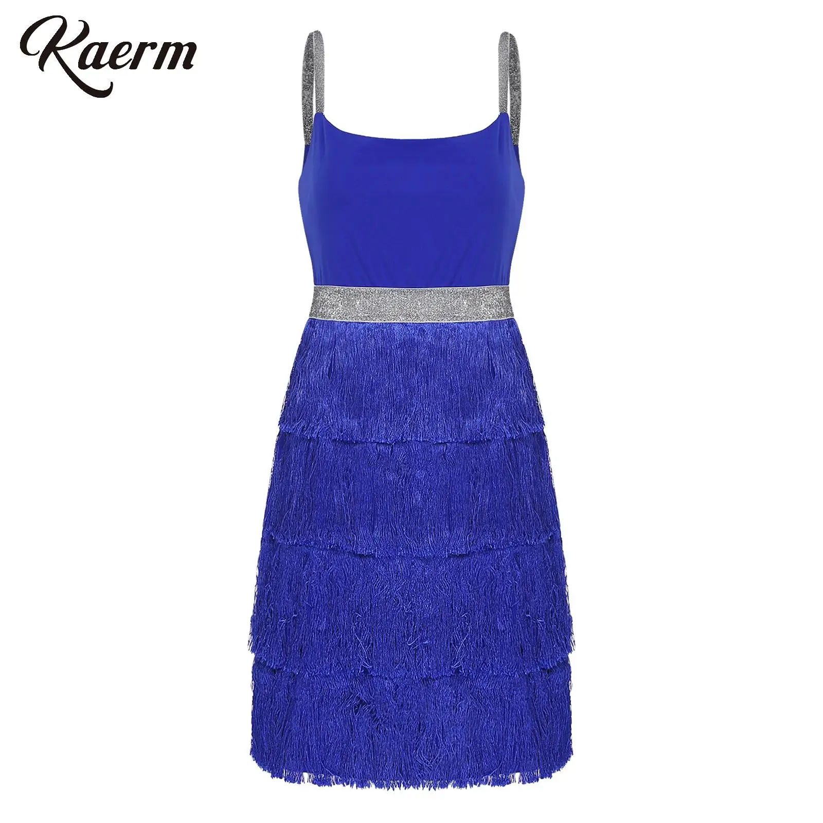 

Women Disco Tassel Sling Bodycon Costume High Waist A-line Sleeveless Mini Dress for Latin Chacha Ballroom Cocktails Club Party