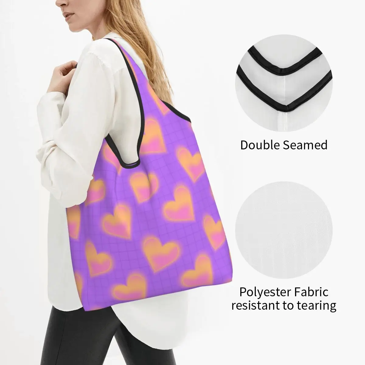 Custom  Printing Trendy Seamless Pattern With Y2k Pink Shiny Blurred Gradient Hearts. Neon Color Shopping Tote Bags Portable