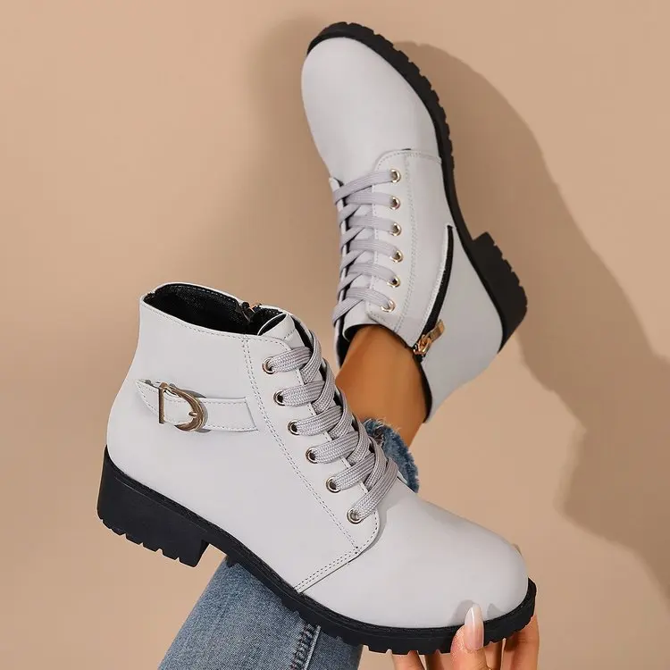 Damen-Stiefeletten mit runder Spitze, Schnürung, D-Metallschnalle, seitlichem Reißverschluss, niedrigem Blockabsatz, für den Alltag, Streetwear und Outdoor – Detail 3