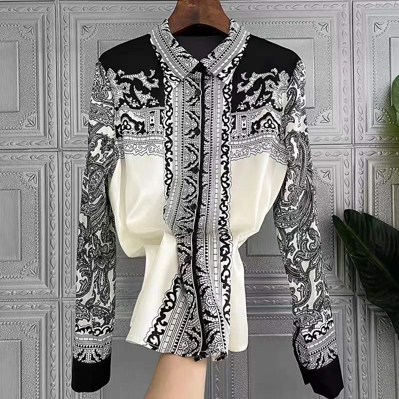 FANIECES قمصان وبلوزات Casual Long Sleeve Print Shirt Elegant Blouse Women Vintage Loose Tops Korean Chic Women Clothing Tuni