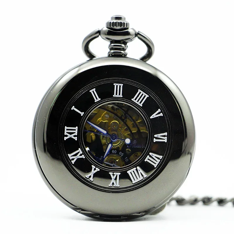 

Antique Vintage Mens Steel Skeleton Roman Number Mechanical Pocket Watch Hand Wind Watches with Chain PJX1283