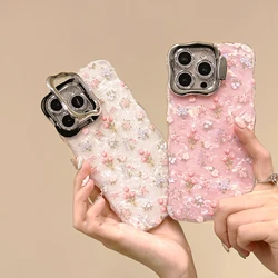 Chic Tulips Pattern Waving Frame Shell Gloss Len Frame Kickstand Phone Case for iPhone 16 15 14 11 12 13 Pro Max Plus Back Cover