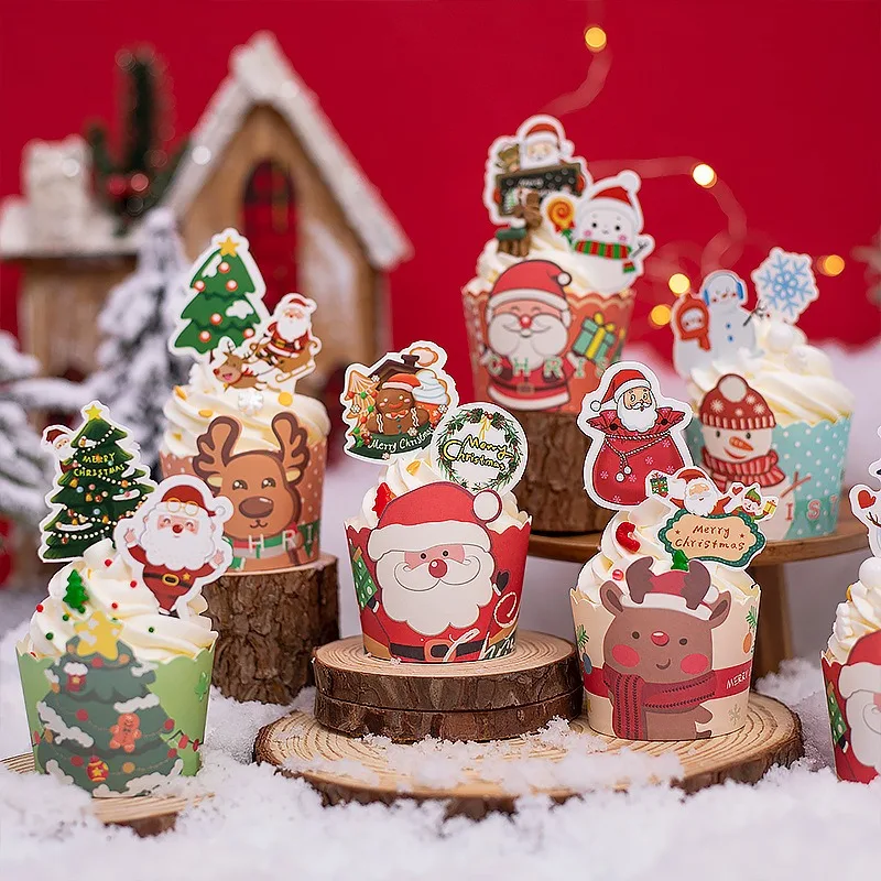 50PCS Christmas Cupcakes Home Dessert Oven Air Fryer Baking Home Santa Claus Snowman Moose Insert Card Holiday Gift