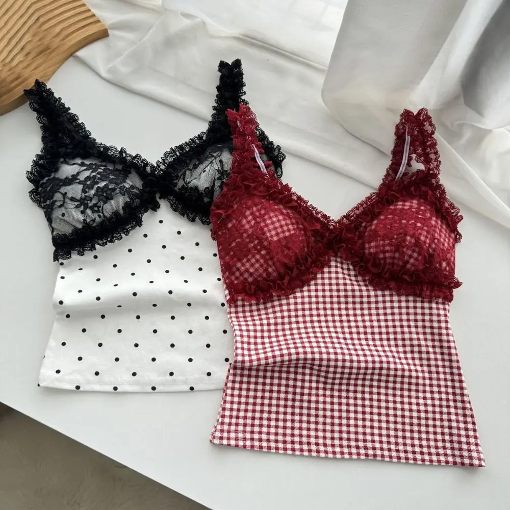 

Girls Top Spicy Girl Style Sleeveless Crop Top Mesh Dot Slim Fit Women Suspender Top Sweet V Neck Lace Camisole with Pads Lady