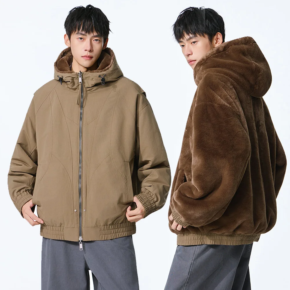 

Winter Fleece-lined Thicken Double Side Wearable Hooded Jacket Men Loose Casual Parkas Bomber Jacket Cityboy Coat Outerwear