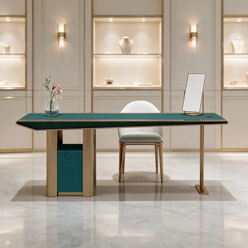 custom.Luxury Wood Curved VIP Desk Tapered Bronze Caps Boucle Chair LED Wall Niche Boutique Shopfitting Reception Table