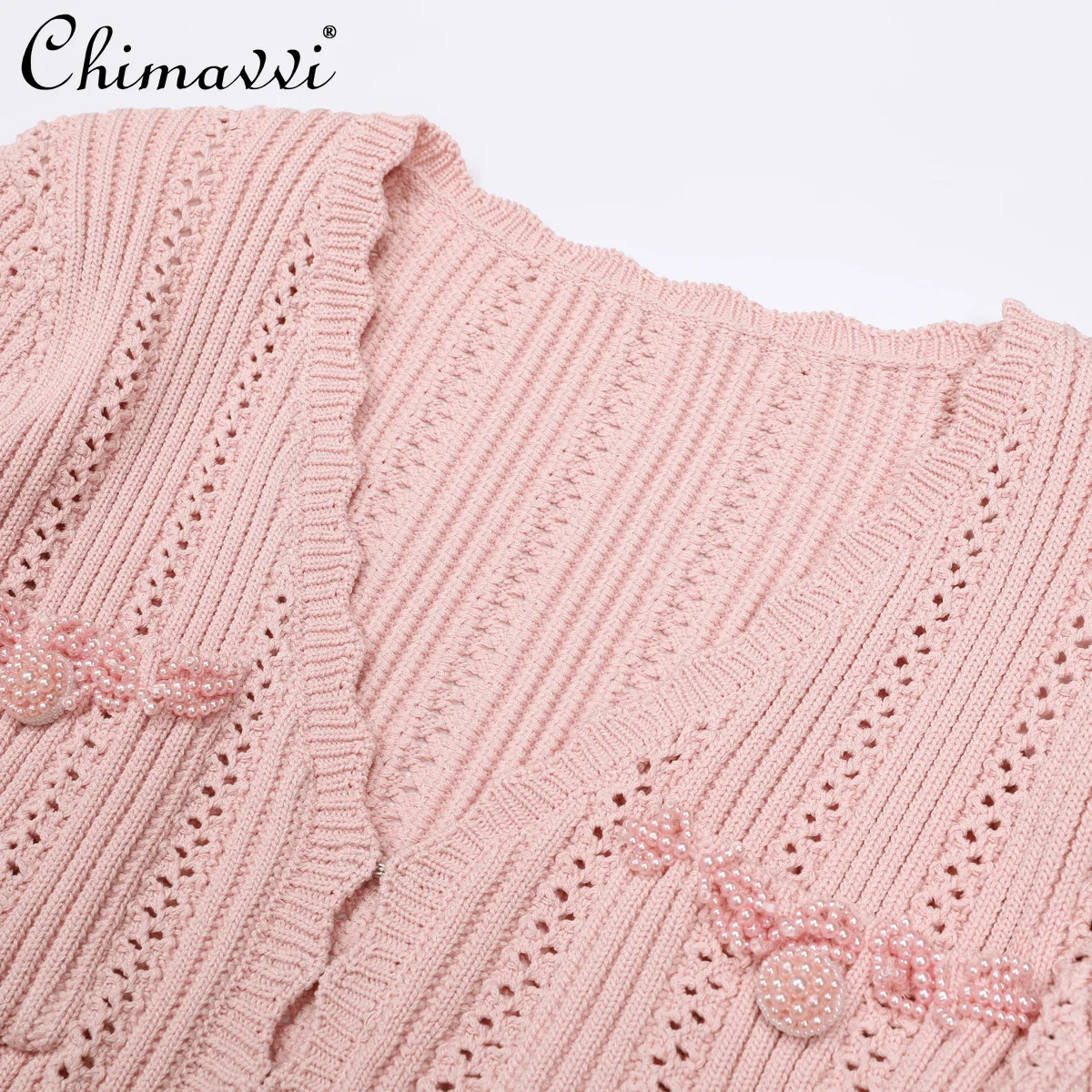 봄 가을 신상 니트 브이넥 허리 조임 숏 드레스 헤비 비즈 장식 롱 슬리브 우아한 파티 드레스 여성용