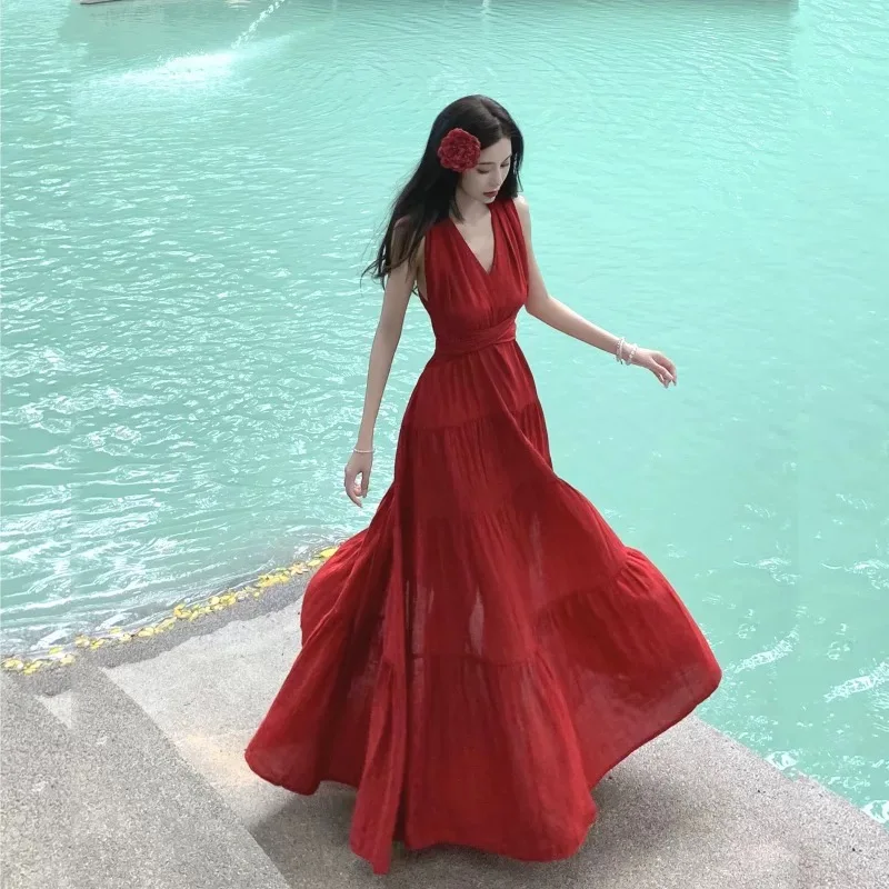 

Женское тропическое платье, летнее повседневное струящееся отпускное праздничное пляжное длинное платье с v-образным вырезом, свободное элегантное женское зеленое красное платье с разрезом