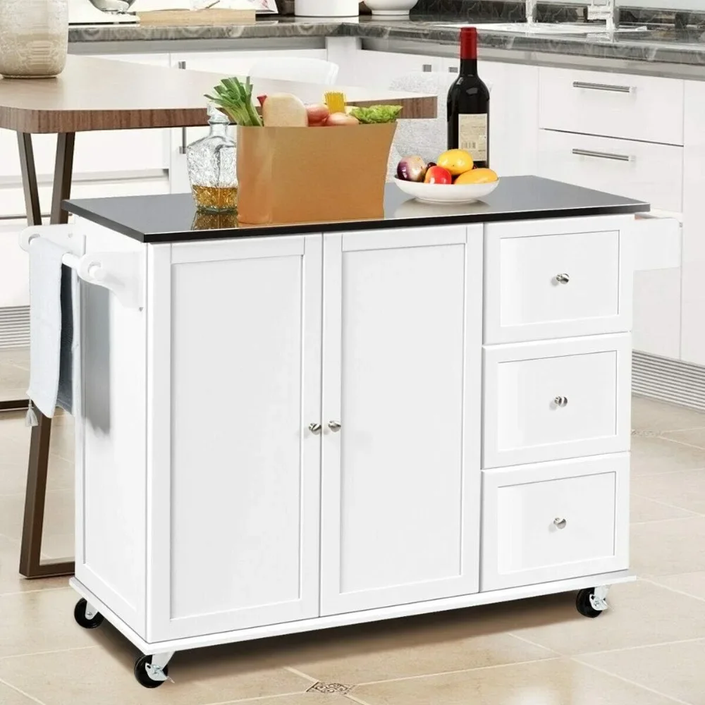 Kitchen Island with Stainless Steel Countertop,Kitchen Cart Rolling Trolley with Towel Holder and Spice Rack,Kitchen Island Cart