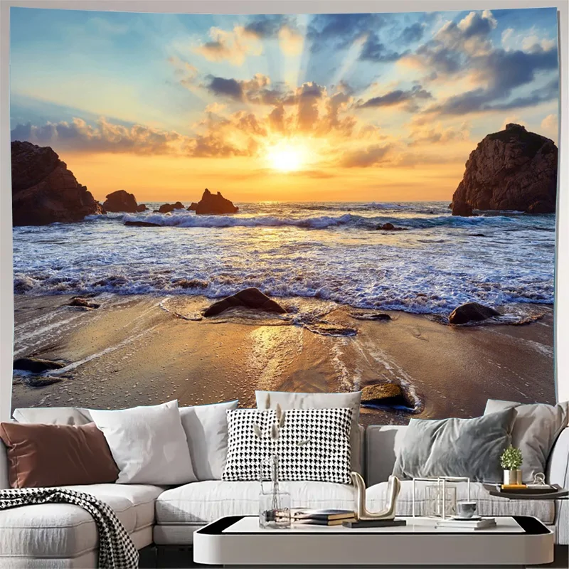 Stunning Ocean Sunset Beach Landscape Wall Tapestry Nautical Coastal Decor Art Print Canvas Hanging Home Decoration Room Accent