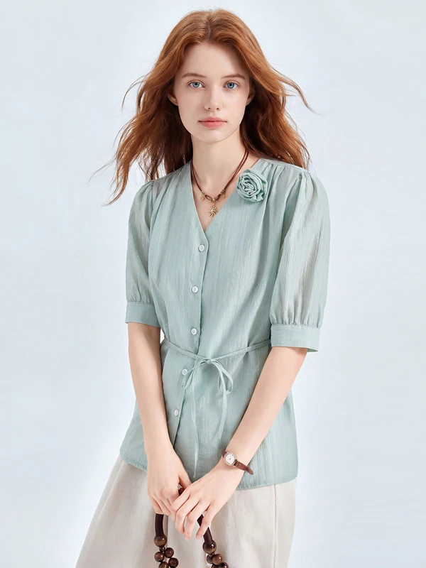 

Elegant V-neck Short Sleeve Shirt Women's Fashion High Waist Belted French Style Top Summer New Arrival Office Lady Look