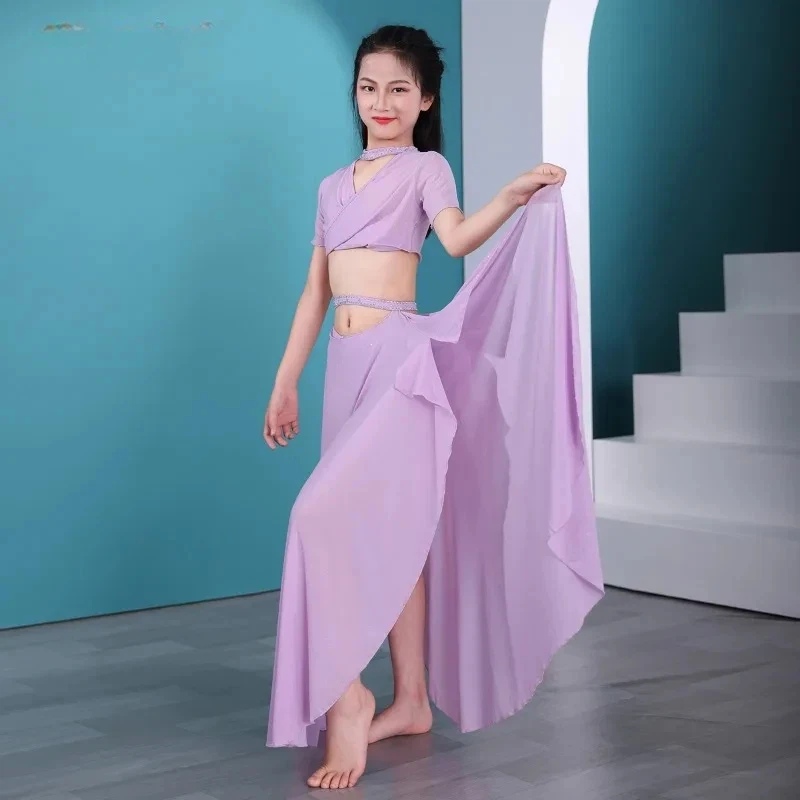 

Костюм для восточных танцев: топ и длинная юбка из водной газели для девочек, профессиональная одежда для выступлений и тренировок