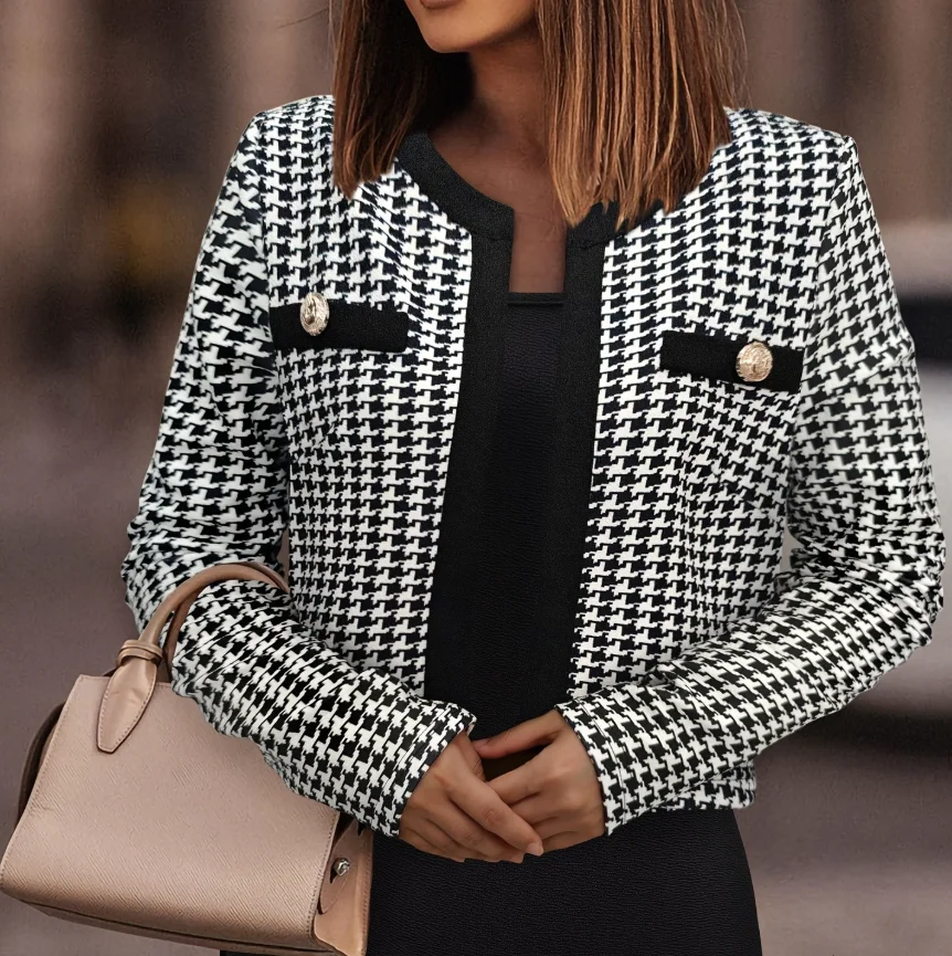 Women's Jacket 2025 Spring Autumn New Round Neck Metal Buckle Houndstooth Print Elegant Long Sleeved Open Front Crop Jacket