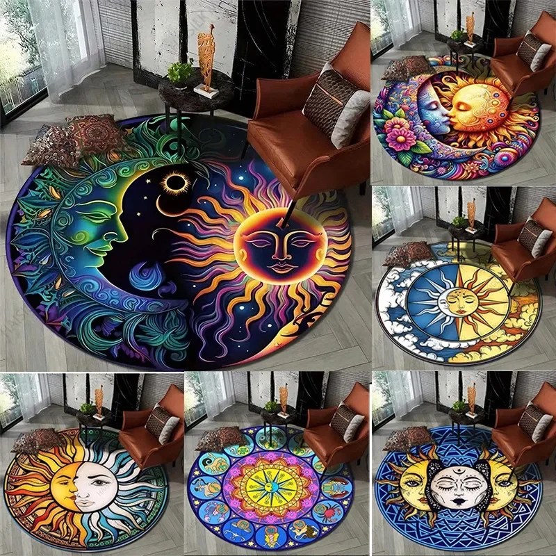 Sun and Moon Art Print Round Carpet for Living Room Rugs Flannel Anti-Slip Rug Yoga Mat Gifts for Bedroom Home Area Rug Decorate