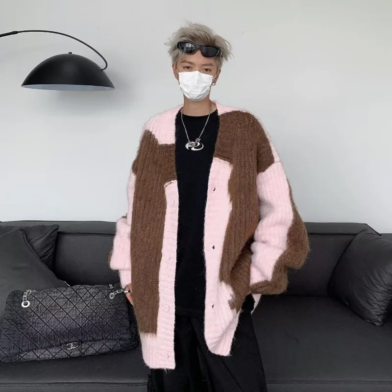 

Пальто на пуговицах в американском стиле, ленивый свитер с цветными блоками, кардиган, мужской осенне-зимний свободный повседневный топ с v-образным вырезом